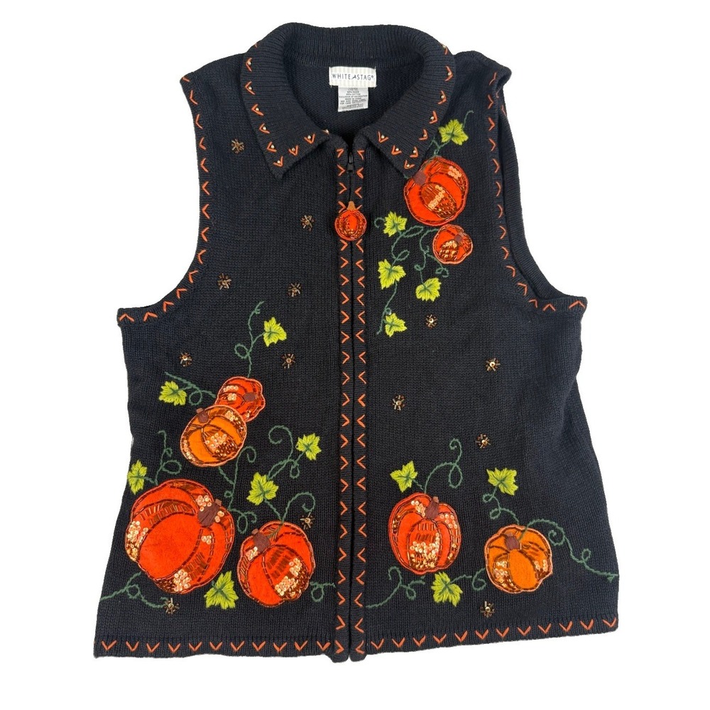 White Stag Womens L Pumpkin Sweater Vest Thanksgiving Fall Embroidered Sequin
